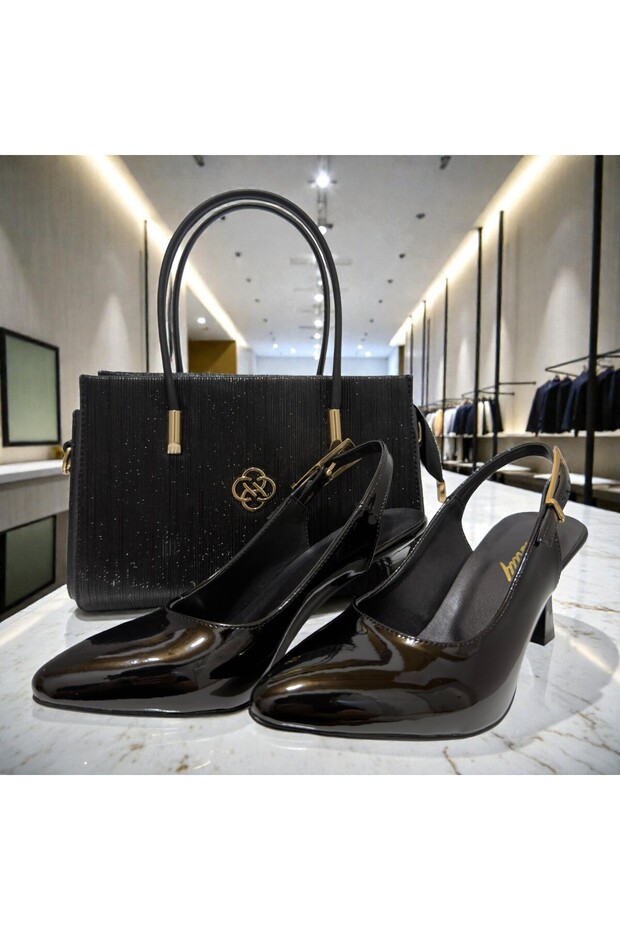Women's Black Patent Leather Shoe and Bag Set – Stylish Heeled Glitter Bag Combination
