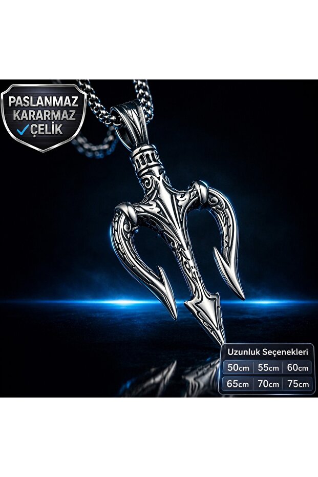 Stainless Steel Mythological Poseidon Trident Triple Spear Poseidon Necklace