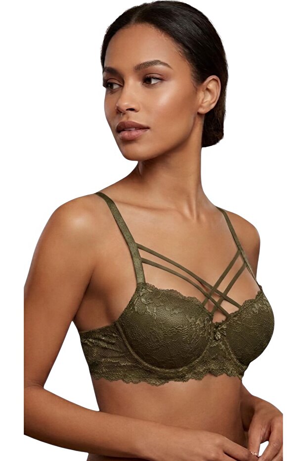 Silicone Lace Push up (Padded) Underwire (Wire Bra) Double Crossed Straps Khaki Green Bra Ebr-1161