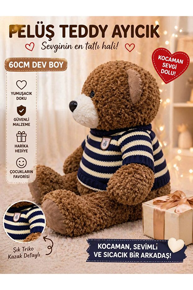 60 cm Giant Plush Teddy Bear – Soft, Large Size, Cute Bear with Striped Sweater Blue