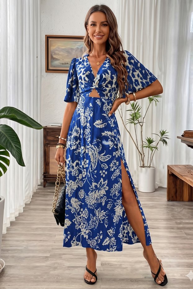 New Season Women's Short Sleeve V-Neck Elastic Waist Slit Long Patterned Single Jersey Dress