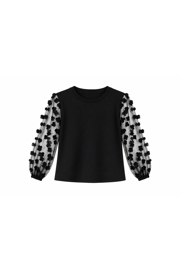 Girl's Black Tulle Sleeve Detailed Bodysuit - School Event and Holiday 3-14 Years Old