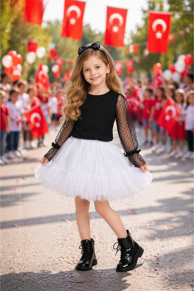 Girl's Black Blouse and White Tulle Skirt Set - School Event and Holiday 5-13 Years Old