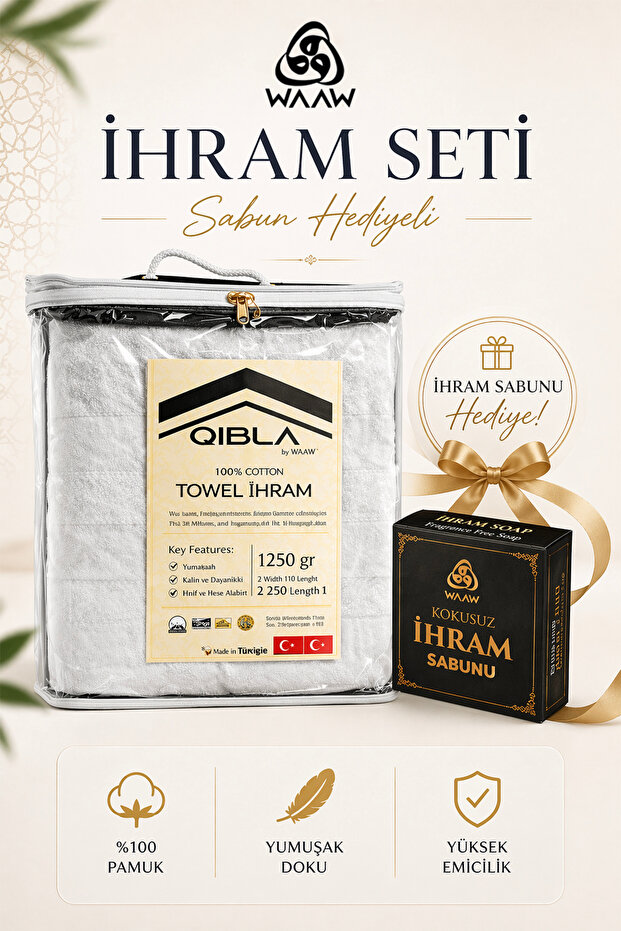 Premium 1250 Gr 100% Cotton Men's Ihram + Unscented Soap as a Gift | Anti-Sweat Soft Thick Texture | Hajj Umrah Set