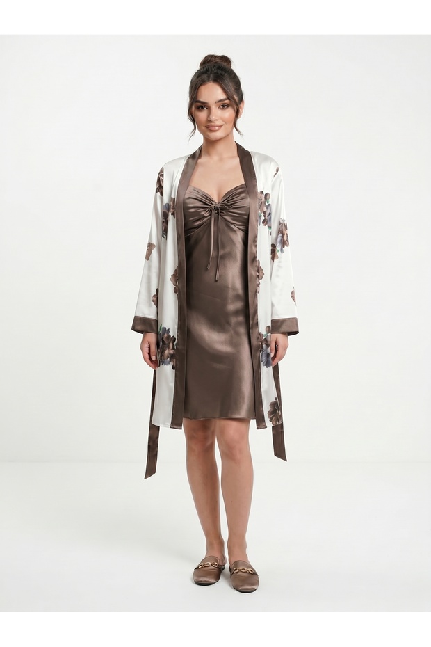 Women's Silky Satin Nightgown and Floral Patterned Dressing Gown Kimono Set – Brown
