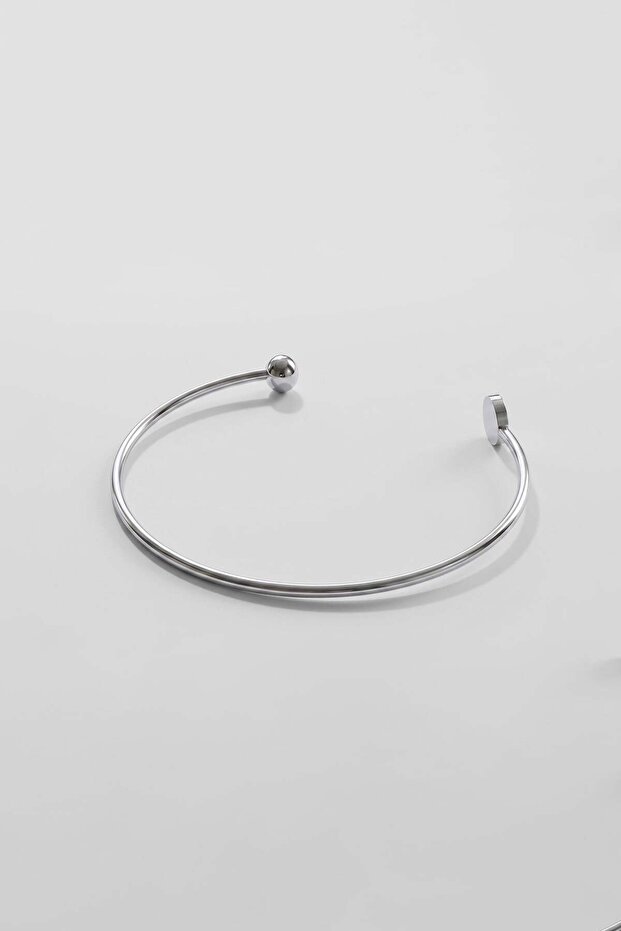 Men's Ball End Thin Open Steel Bracelet Silver