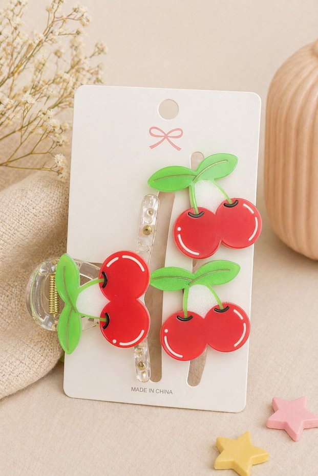 Girls' & Baby Hair Clips Set of 3 – Fruit-Shaped Hairpins and Clip Hairpins (Strawberry, Cherry Models)
