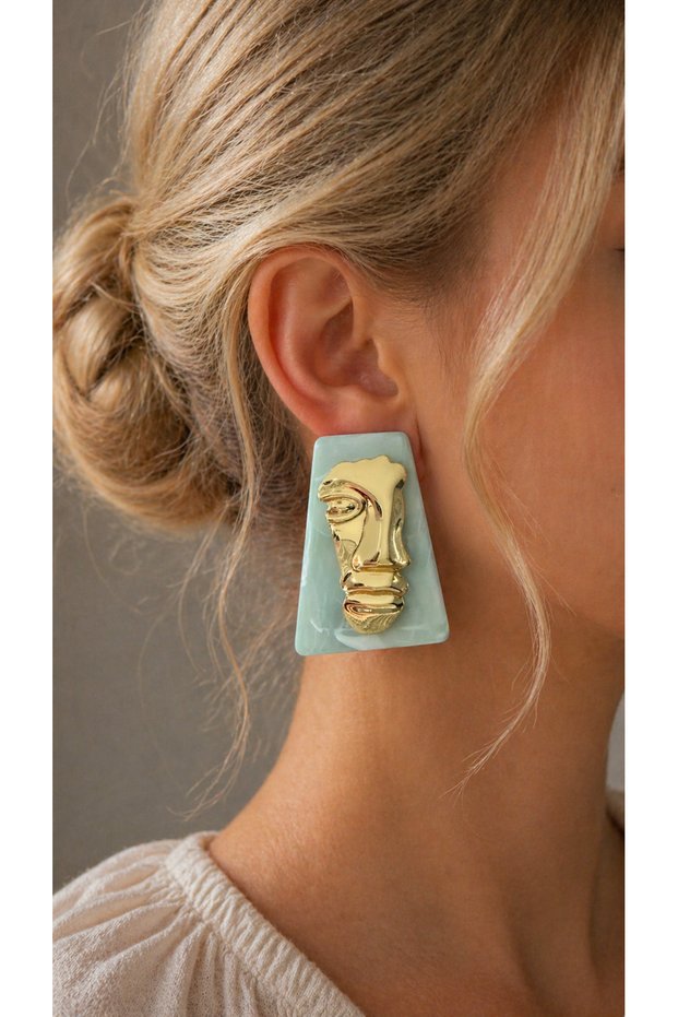 Uçuk Blue Marble Patterned Large Earrings with Gold Figure Detail – Modern & Stylish Statement Design