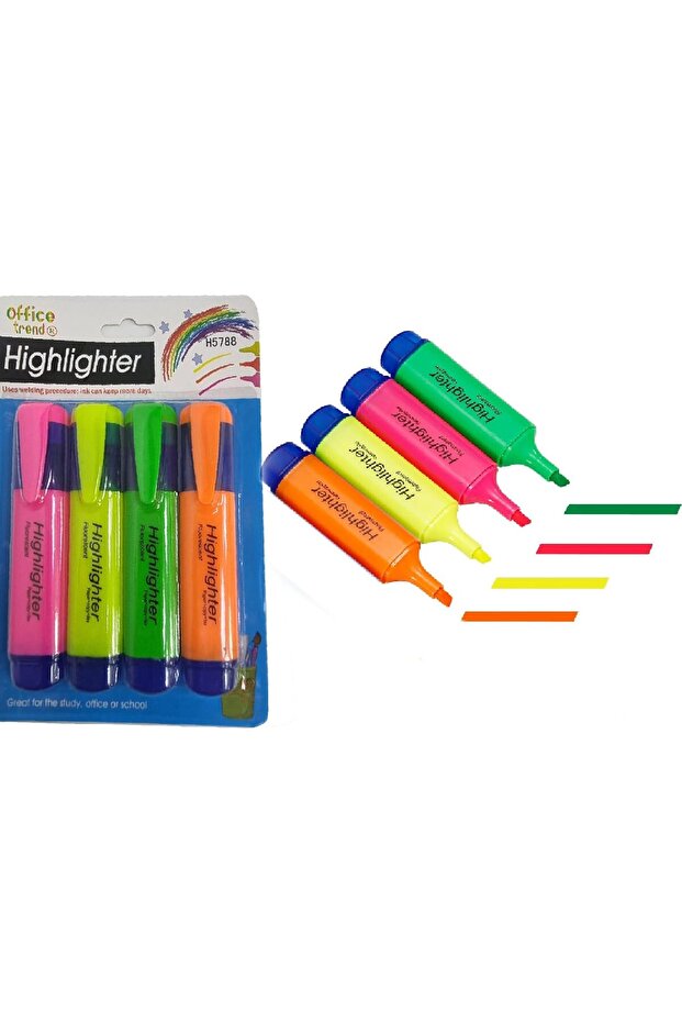 4Pcs Highlighter Marker Set 4mm Oblique Chisel Tip, Fluorescent Colors for Office, School, Writing