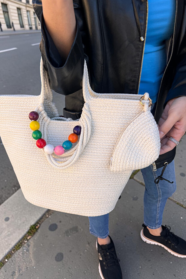 Handmade White Color Beaded Detailed Small Wallet Daily Use Bag or Beach Bag
