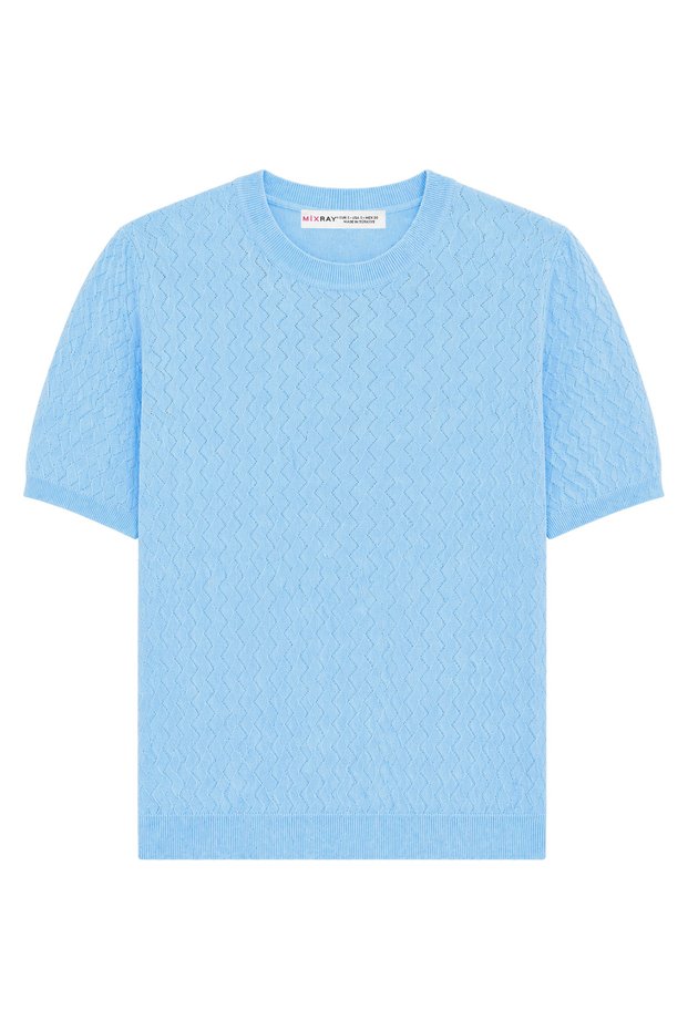 2090 Women's Jacquard Textured Short Sleeve Knitwear T-Shirt Blouse Baby Blue
