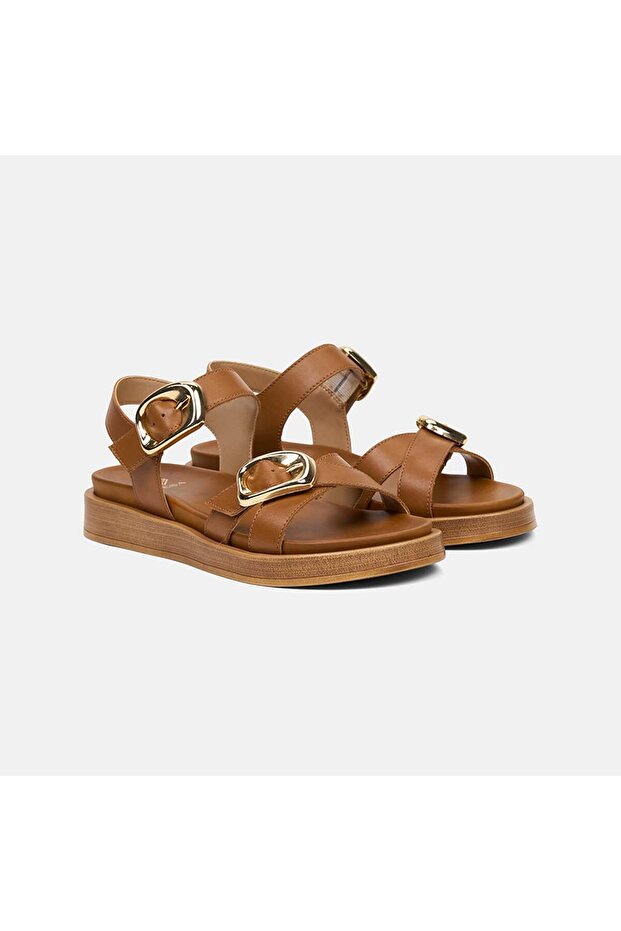 Women's Tan Leather Sandals with Adjustable Double Metal Buckles