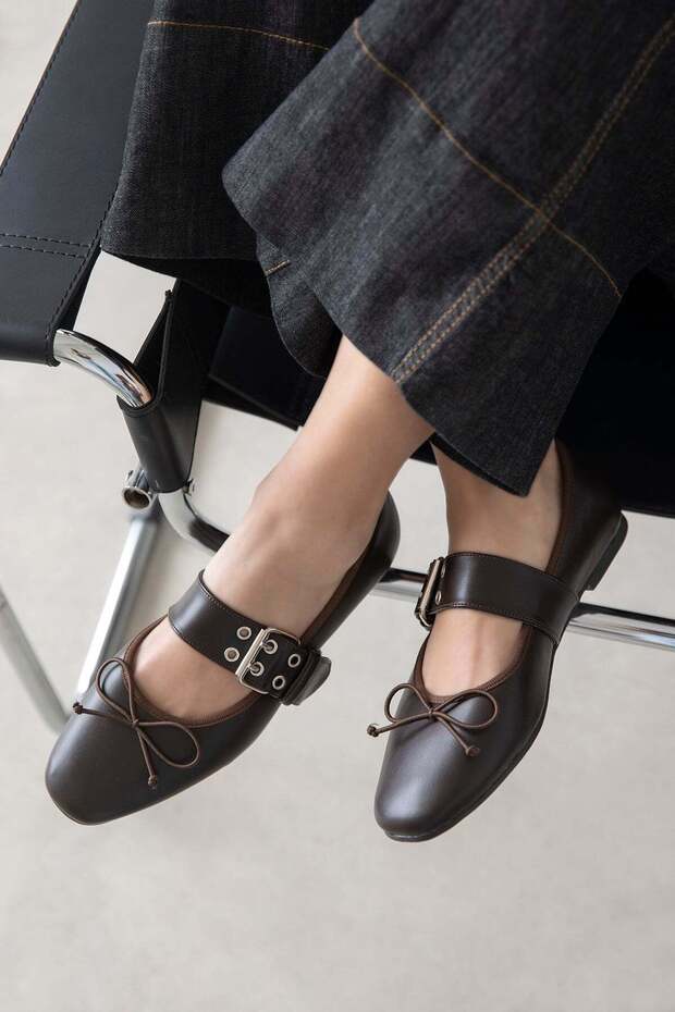 Faye Women's Belt Detailed Leather Ballerinas Brown