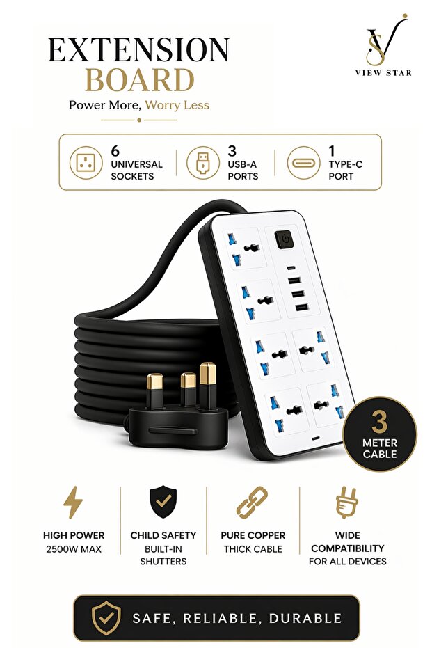 Power Strip Extension Cord 2M, 6 Universal Sockets, 3 USB & 1 USB-C, Surge Protection