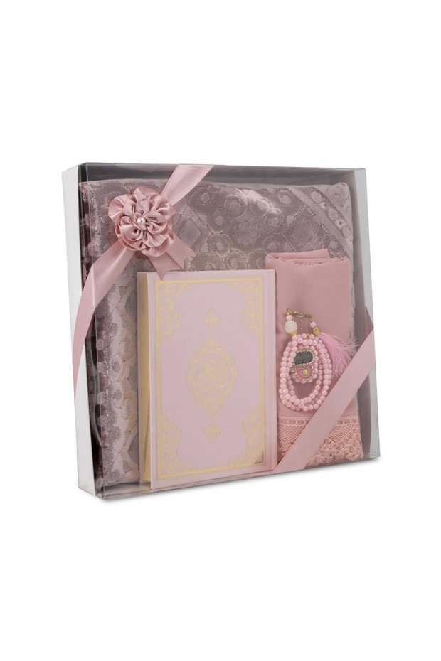 Velvet Prayer Rug (120X70) + Prayer Beads + Zikirmatik + Bookmark + Hafız Boy Quran Gift Set (Pink)