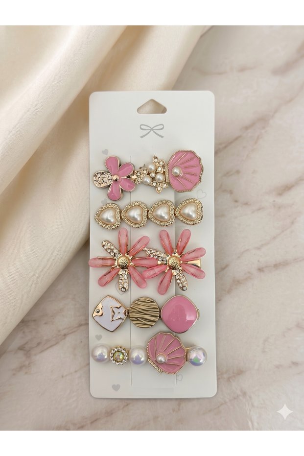 Women's Hair Clip Set 5 Pieces – Pearl & Heart Detailed Clip Barrettes, Stylish Hair Accessory Set with Pink Flowers