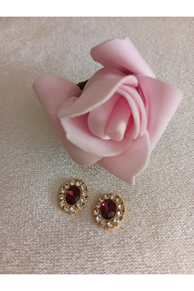 Gold Nail Earrings with Burgundy Stones