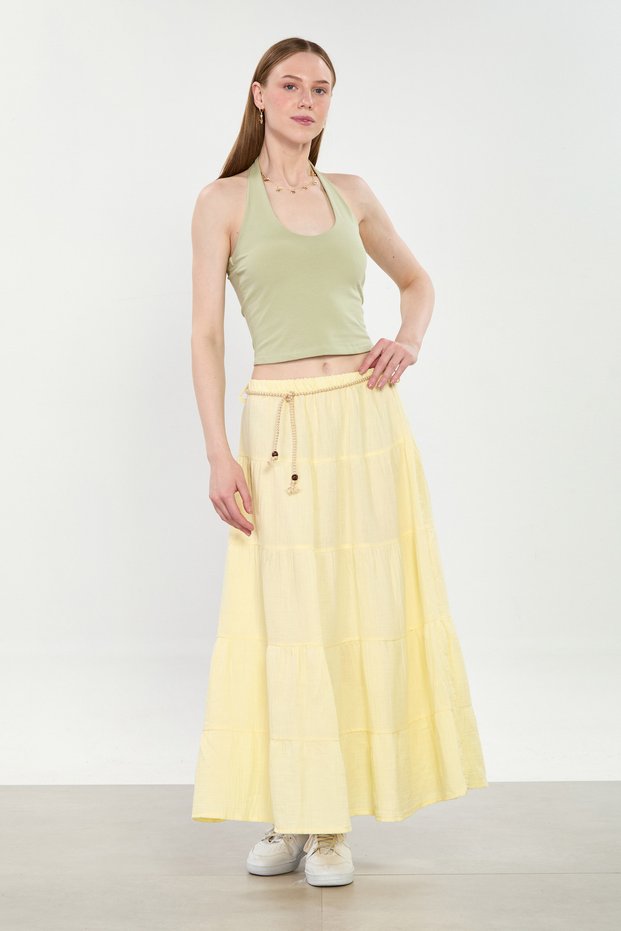 Women's belted pleated long cotton skirt - yellow