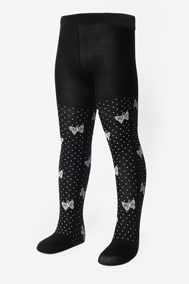 Black Polka Dot and Butterfly Patterned Girls' Pantyhose