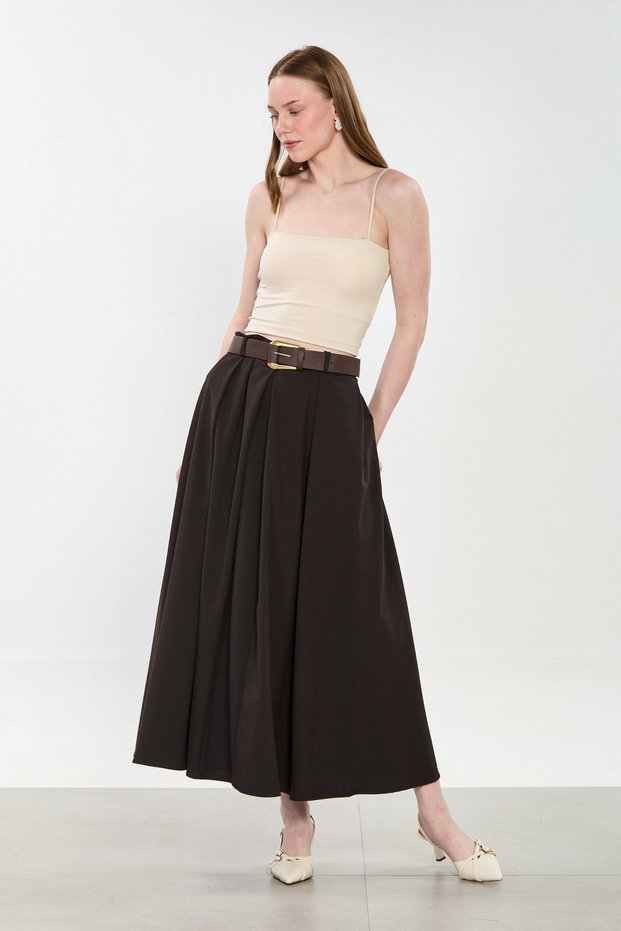 Women's Pleated Belted Skirt - Bitter Brown