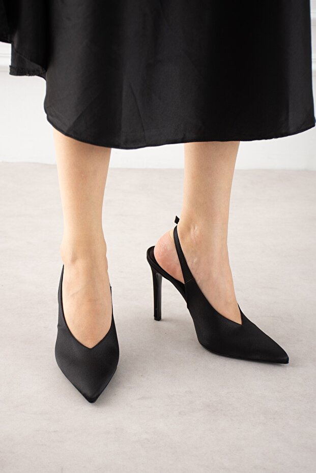 Essential Black Satin Open Back Pointed Toe Women's Heeled Shoes