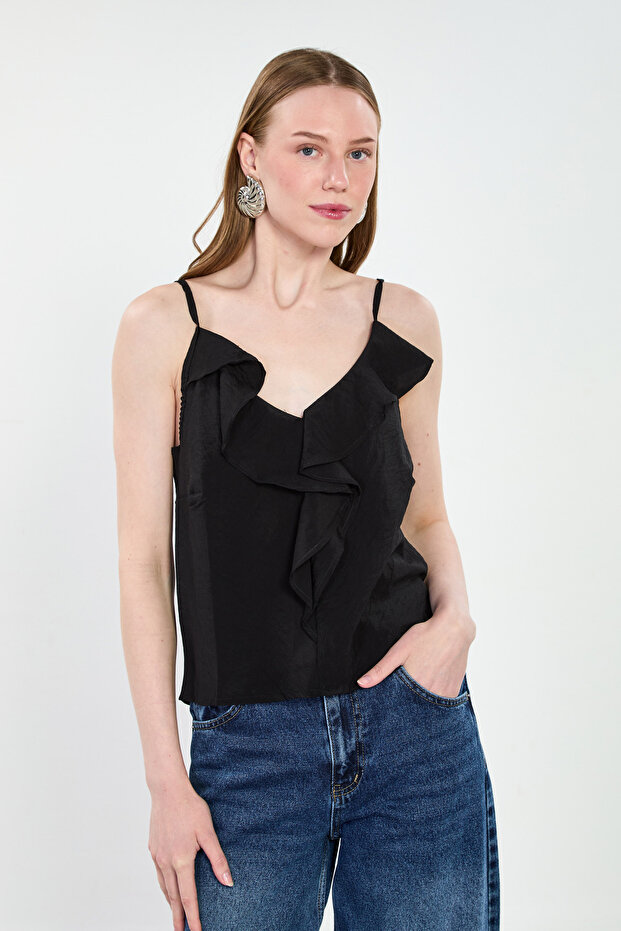 Women's Rope Strap Blouse with Ruffles on the Front - Black