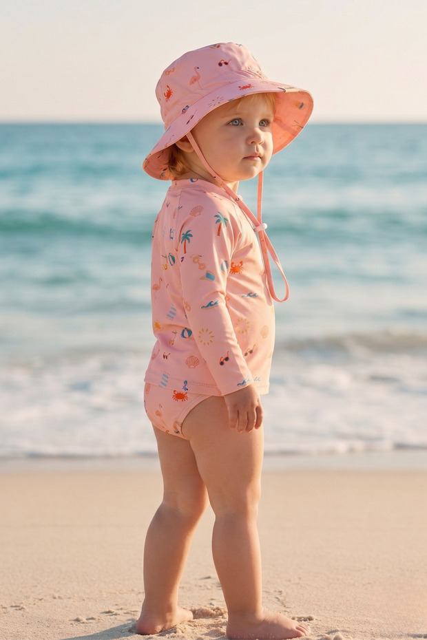 Uv Protection Swimsuit Hat Set Baby & Kids - Pink Beach