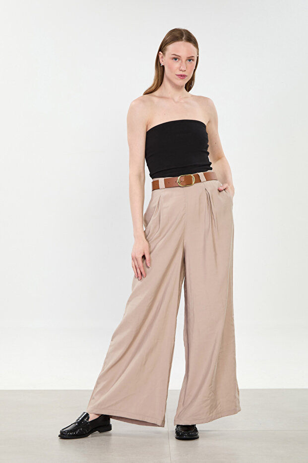Women's front belted pleated wide leg pants - mink