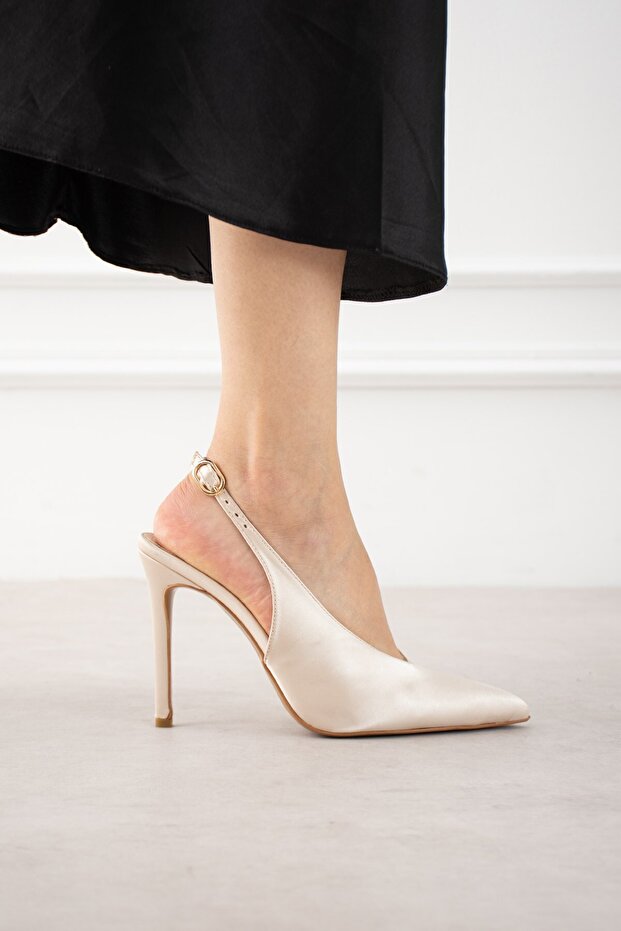 Essential Beige Satin Open Back Pointed Toe Women's Heeled Shoes