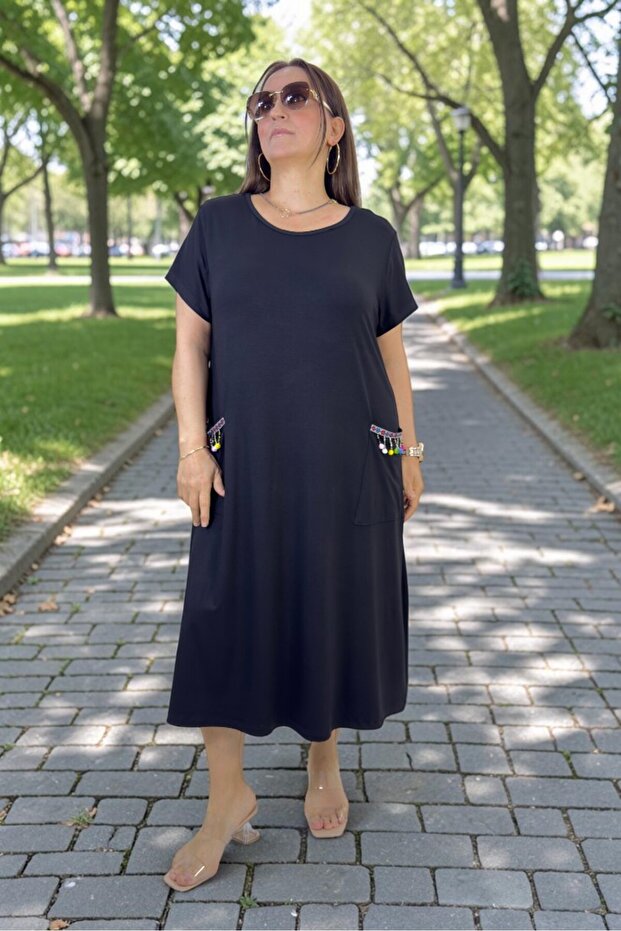 Lycra Beaded Detail Pocket Short Sleeve Cotton Viscose Medium Length Plus Size Dress