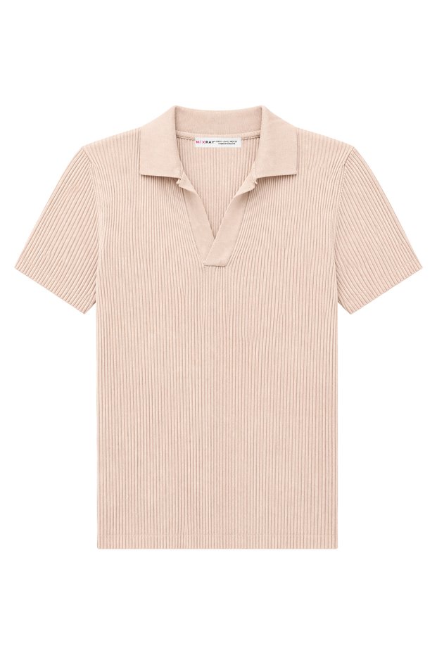 2091 Women's Polo Neck Ribbed Short Sleeve Knitwear Blouse Beige