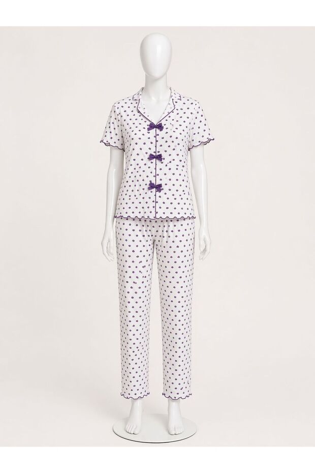Women's Ruffled White Purple Heart Pattern Cotton Bow Buttons Short Sleeve Bottom Top Pajama Set