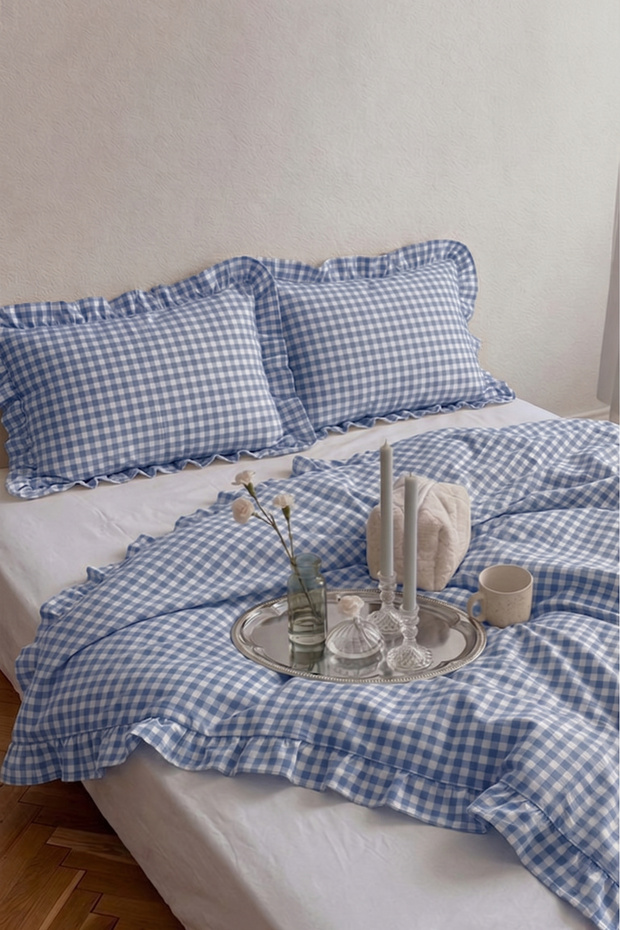 Blue Pöti Square Patterned Ruffled Duvet Cover Set Double / Without Sheets - 6