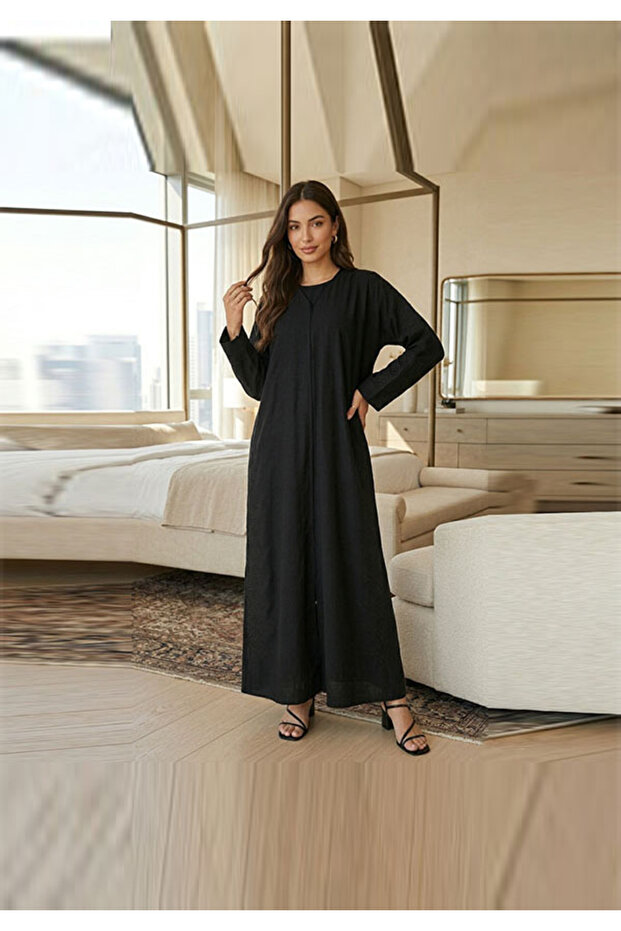 Premium Nida Fabric Open Front Black Embroidery Muslim Abaya With Sheila