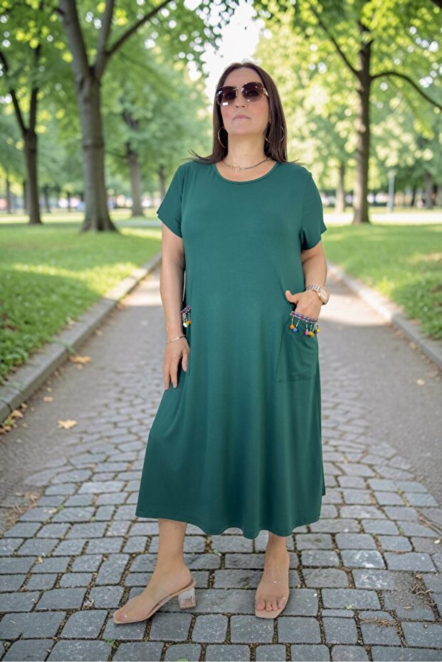 Lycra Beaded Detail Pocket Short Sleeve Cotton Viscose Medium Length Plus Size Dress