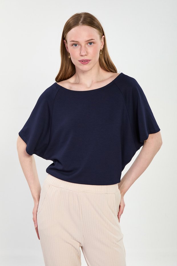 Kayık Yaka Yarasa Sleeve T-Shirt - Navy Blue