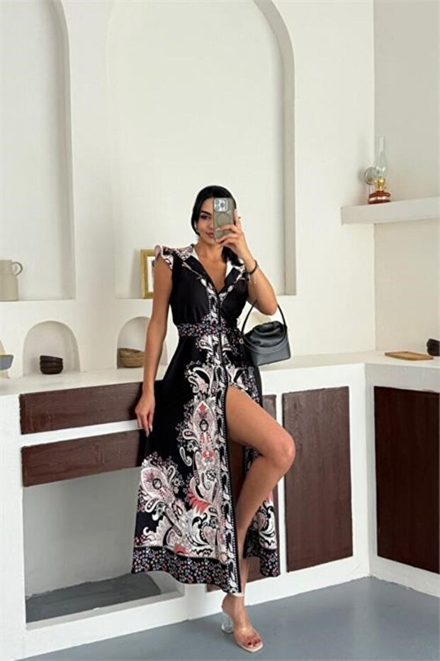 Women's Black Sleeveless Midi Length Printed Button Detailed Design Dress Dpms2568