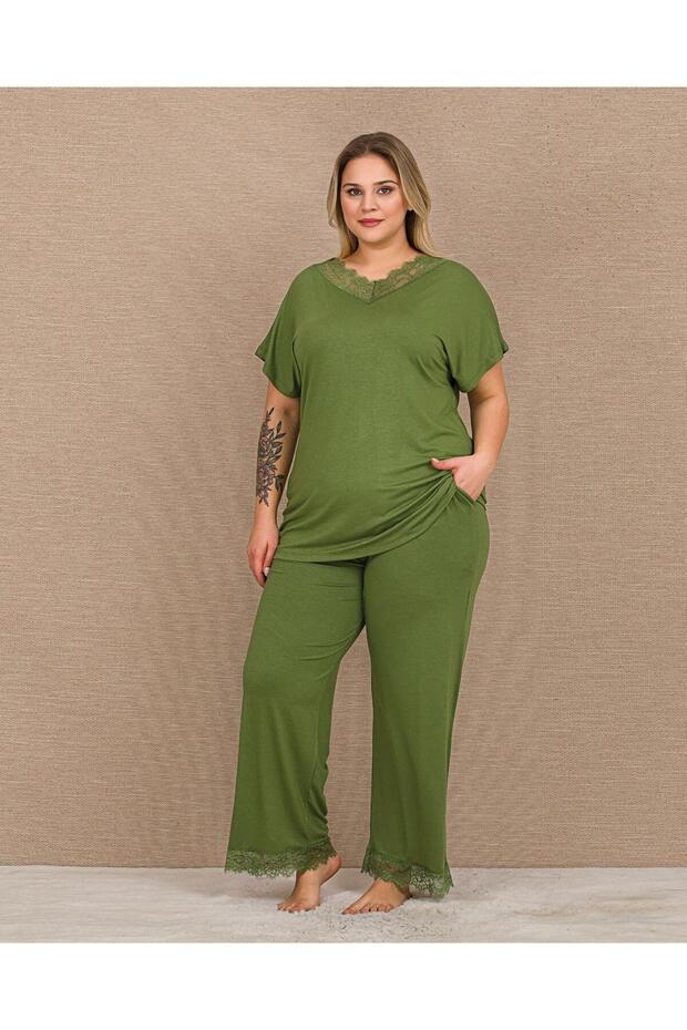 Short Sleeve Lace Plus Size Green Women's Pajama Set