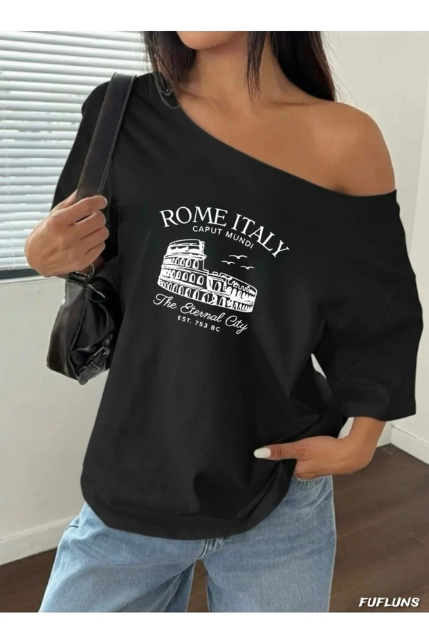 Women's Boat Neck Rome Italy Printed Oversize 100% Cotton T-Shirt
