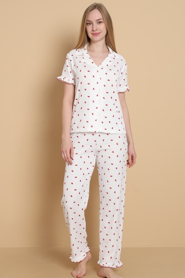 Mirano 3856 Patterned Wrinkled Shirt Collar Buttoned Short Sleeve Women's Pajama Set