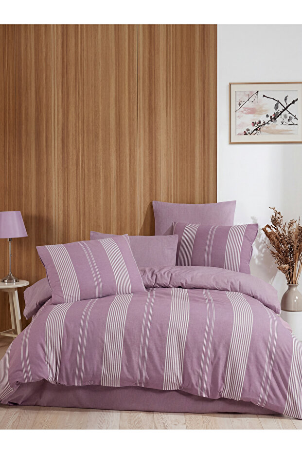Bella Gold Natural Cotton Double Duvet Cover Set, Duvet Cover Set with Fitted Sheet
