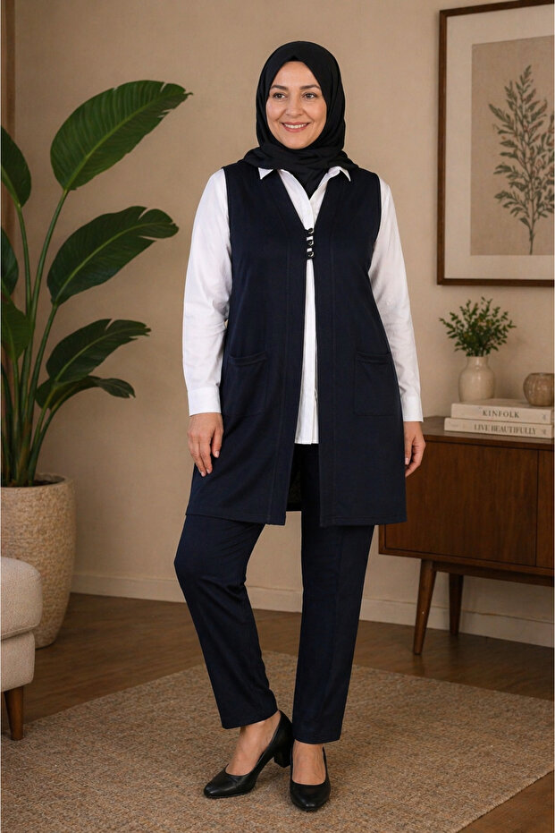 Women's Hijab Vest – Large Size Comfortable Cut Long Vest with Pockets