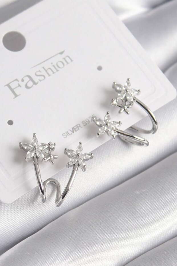 Brass Silver Color Zircon Stone Flower Model Women's Earrings