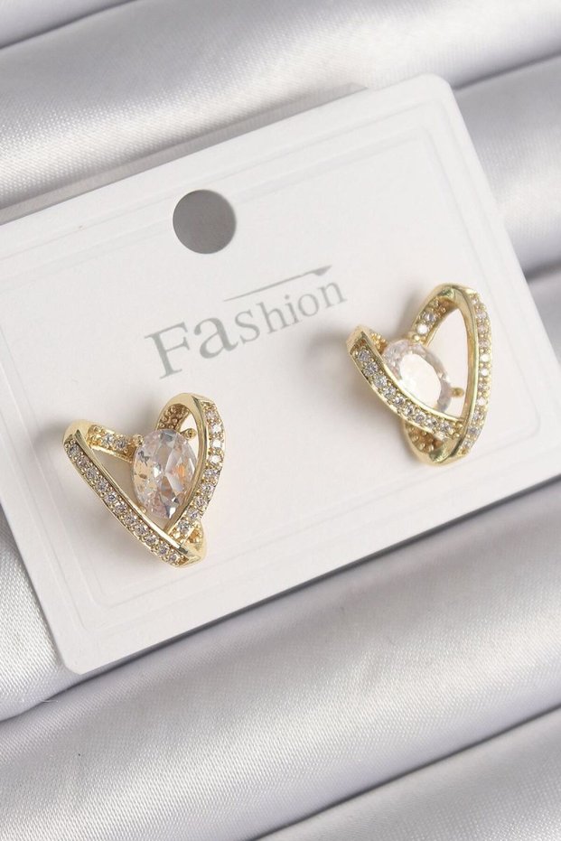 Brass Gold Color Zircon Stone Heart Model Women's Earrings