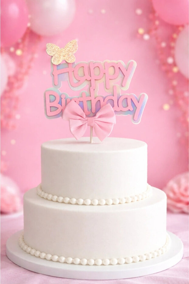 Pink Bow Detailed Happy Birthday Cake Decoration