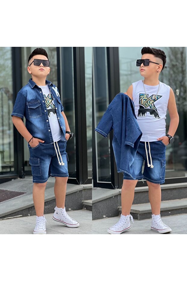Boy's 3-Piece Denim Set with Shorts - 100% Cotton - 3-Piece Holiday Set