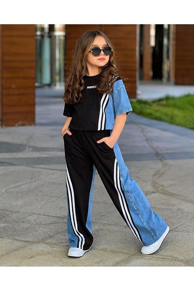 Girl's Short Sleeve Striped Denim Top and Bottom Set