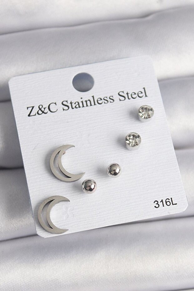 316L Steel Silver Color Zircon Stone Crescent Model Women's Earring Set