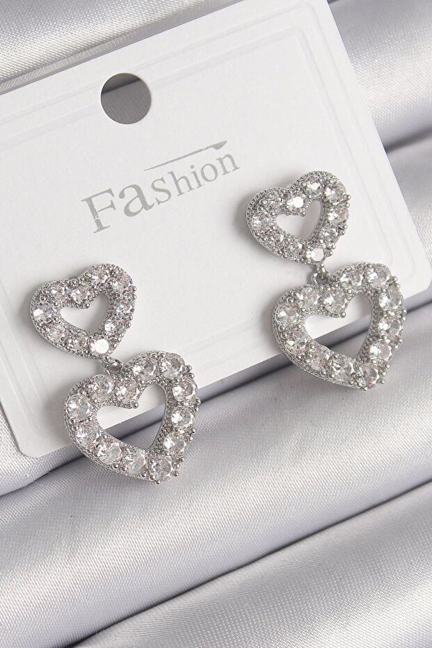 Brass Silver Color Zircon Stone Dangle Heart Model Women's Earrings