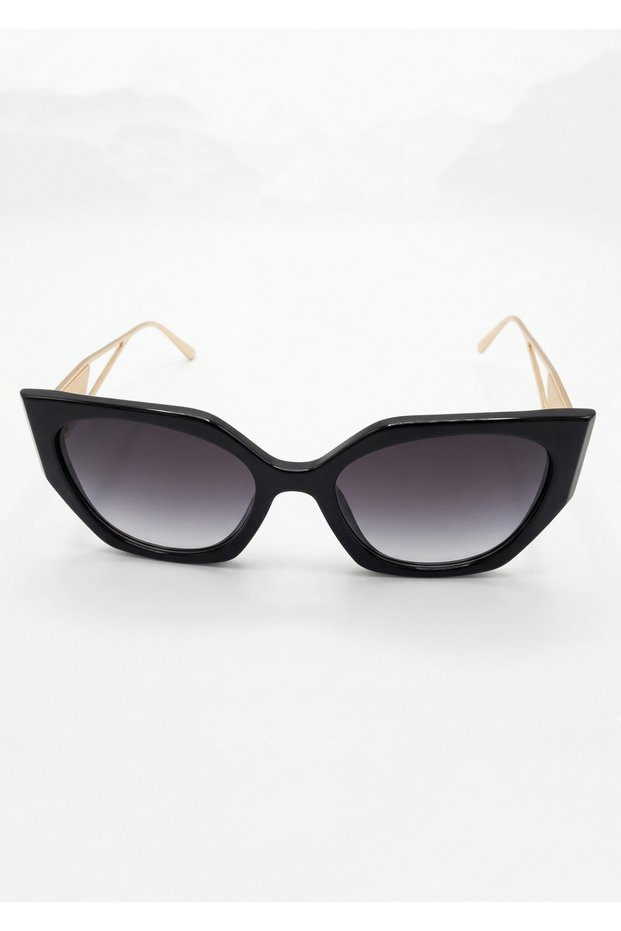 Women's Black Cat Eye Uv400 Protected Smoked Glass Gold Detail Sunglasses